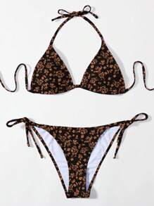 Ditsy Floral Triangle Tie Side Bikini Set For Summer Beach - Black - View 1