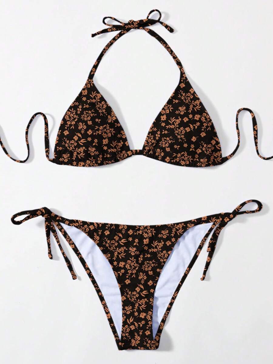 Ditsy Floral Triangle Tie Side Bikini Set For Summer Beach - Black - View 1