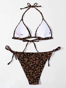 Ditsy Floral Triangle Tie Side Bikini Set For Summer Beach - Black - View 2