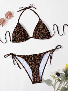 Ditsy Floral Triangle Tie Side Bikini Set For Summer Beach - Black - View 3