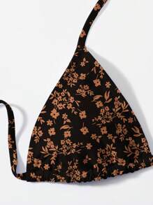 Ditsy Floral Triangle Tie Side Bikini Set For Summer Beach - Black - View 4