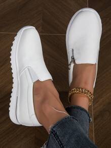 BALTEOP Damen Herbst/Winter grüne Metallreißverschluss Studenten leichte und bequeme vielseitige Slip-On Elastic Band PU Leder Steppung Karomuster Lässig Laufschuhe, Sneaker für Frauen