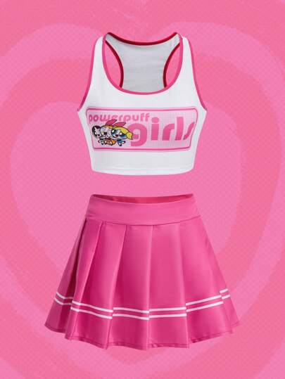 The Powerpuff Girls | ROMWE Letter Graphic Contrast Binding Cheerleader Costume Set
