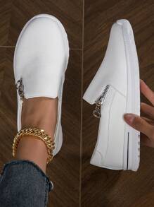 BALTEOP Damen Herbst/Winter grüne Metallreißverschluss Studenten leichte und bequeme vielseitige Slip-On Elastic Band PU Leder Steppung Karomuster Lässig Laufschuhe, Sneaker für Frauen