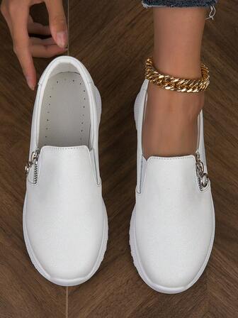 BALTEOP 秋冬女款绿色金属拉链学生轻便舒适百搭一脚蹬松紧带PU皮革拼接格子休闲跑步鞋，女式运动鞋