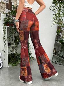 ROMWE PUNK 頹廢搖滾撞色拼接圖案喇叭褲 - 彩色 - 查看 2