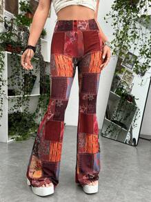ROMWE PUNK 頹廢搖滾撞色拼接圖案喇叭褲 - 彩色 - 查看 3
