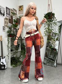 ROMWE PUNK 頹廢搖滾撞色拼接圖案喇叭褲 - 彩色 - 查看 4