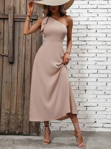 Breezaya One Shoulder Knot Detail Dress - Apricot - View 1