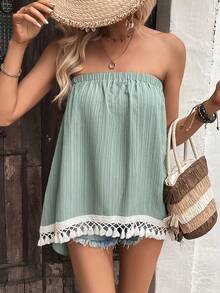 Breezaya Áo nữ mép màu trơn Boho - màu xanh lá - Xem 3