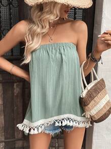 Breezaya Áo nữ mép màu trơn Boho - màu xanh lá - Xem 4