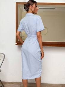 GENKIRA Striped Print Ruched Button Front Belted Shirt Dress Workwear - Blue and White - View 2