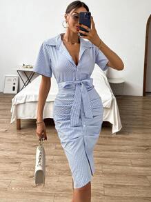 GENKIRA Striped Print Ruched Button Front Belted Shirt Dress Workwear - Blue and White - View 3