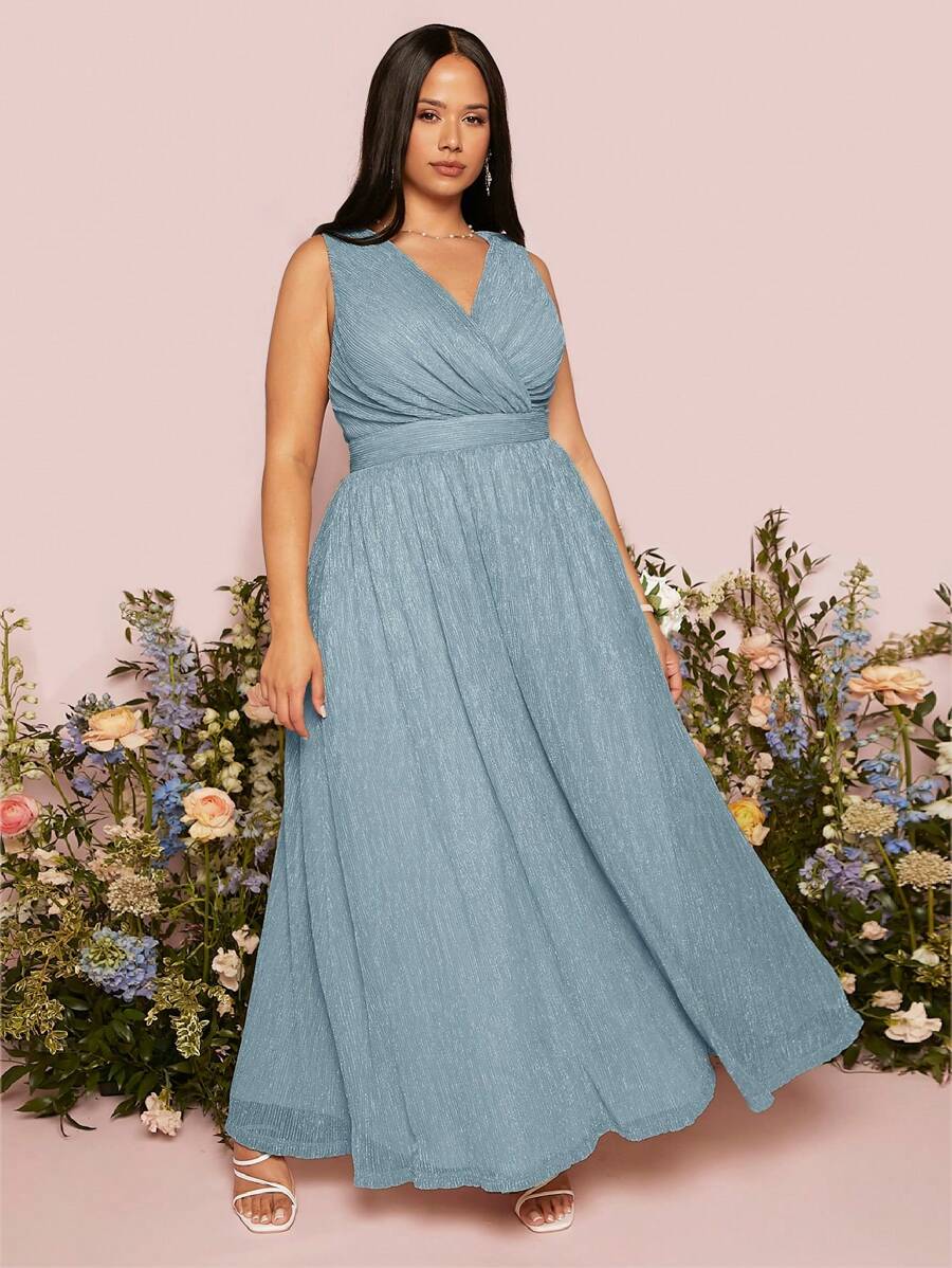 SHEIN Belle 大碼交疊領伴娘連衣裙 - 霧霾藍 - 查看 1