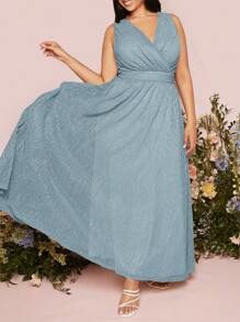 SHEIN Belle 大碼交疊領伴娘連衣裙 - 霧霾藍 - 查看 3