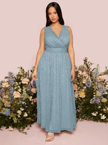 SHEIN Belle 大碼交疊領伴娘連衣裙 - 霧霾藍 - 查看 5