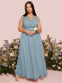 SHEIN Belle 大碼交疊領伴娘連衣裙 - 霧霾藍 - 查看 6