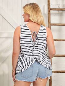 SHEIN LUNE Plus Striped Tie Back Tank Top - Black and White - View 2