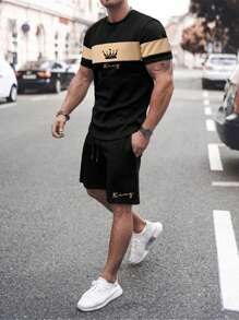 Manfinity Homme 男士王冠和字母圖案T恤和腰部抽繩短褲 - 彩色 - 查看 8