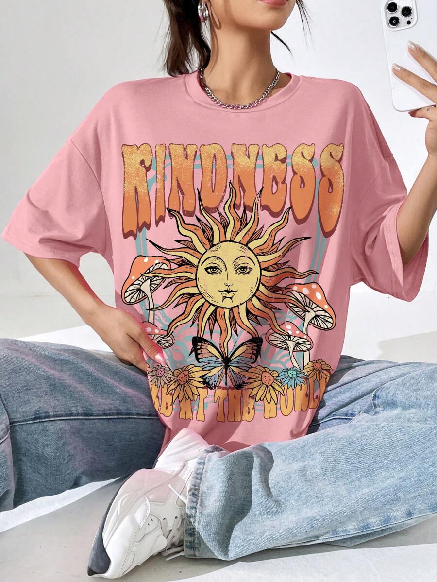 SHEIN EZwear Slogan & Butterfly Print Drop Shoulder Oversized Tee - Coral Pink - View 1