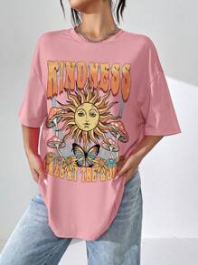 SHEIN EZwear Slogan & Butterfly Print Drop Shoulder Oversized Tee - Coral Pink - View 4