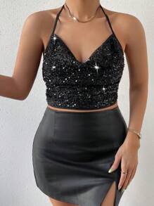 Allurite 加上交叉露背亮片吊带背心，适合节日派对服装 - 黑色 - 查看 3