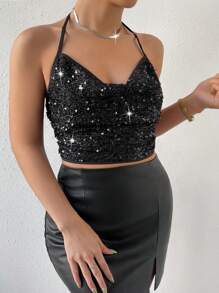 Allurite 加上交叉露背亮片吊带背心，适合节日派对服装 - 黑色 - 查看 5