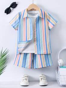 SHEIN 小男童條紋圖案襯衫&短褲不帶T恤 - 彩色 - 查看 1