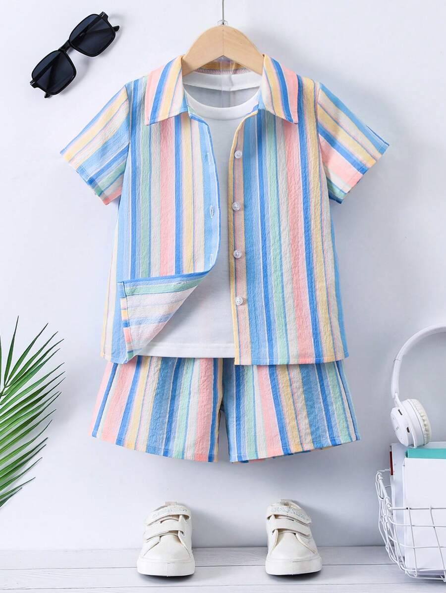SHEIN 小男童條紋圖案襯衫&短褲不帶T恤 - 彩色 - 查看 1