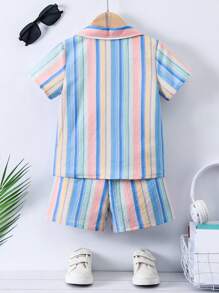 SHEIN 小男童條紋圖案襯衫&短褲不帶T恤 - 彩色 - 查看 2
