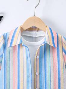 SHEIN 小男童條紋圖案襯衫&短褲不帶T恤 - 彩色 - 查看 4