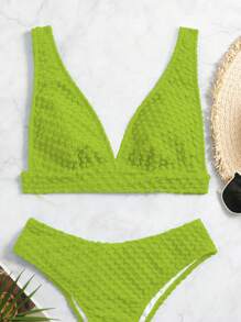 Solid V Neck Bikini Top - Lime Green - View 3