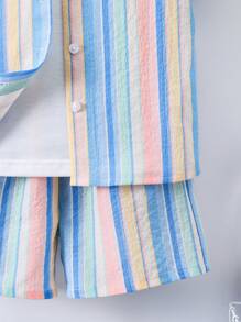 SHEIN 小男童條紋圖案襯衫&短褲不帶T恤 - 彩色 - 查看 6