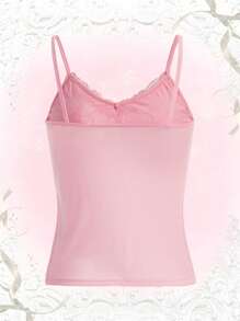 ROMWE Kawaii Áo khoác và áo lót dành cho xe tăng nữ Tương phản ren Thắt nút màu trơn Giải trí - Hồng - Xem 2