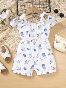 SHEIN Toddler Girls Floral Print Cold Shoulder Ruffle Trim Bow Detail Romper - White - View 1