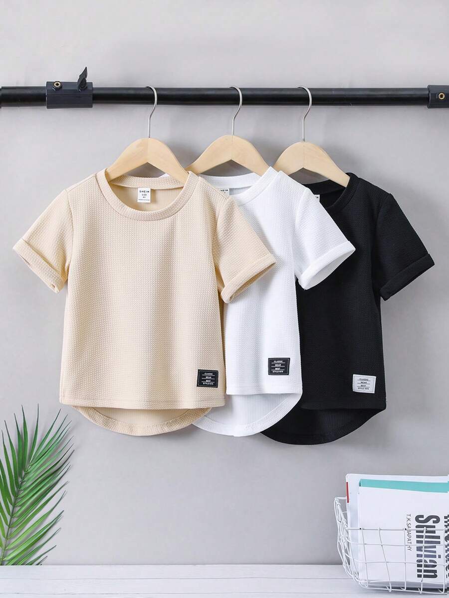 SHEIN 男童3入組字母拼接細節高低船型短袖t卹 - 彩色 - 查看 1