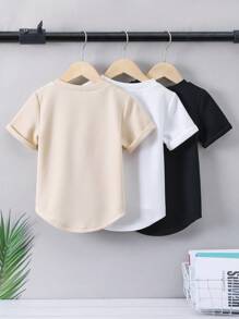 SHEIN 男童3入組字母拼接細節高低船型短袖t卹 - 彩色 - 查看 2