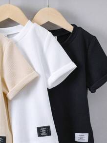 SHEIN 男童3入組字母拼接細節高低船型短袖t卹 - 彩色 - 查看 3