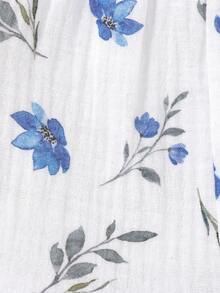 SHEIN Toddler Girls Floral Print Cold Shoulder Ruffle Trim Bow Detail Romper - White - View 4