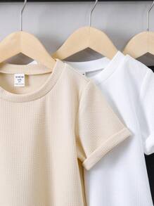 SHEIN 男童3入組字母拼接細節高低船型短袖t卹 - 彩色 - 查看 5