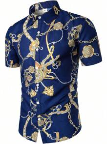 男士錬條圖案前排扣襯衫 - 藏蓝色 - 查看 1