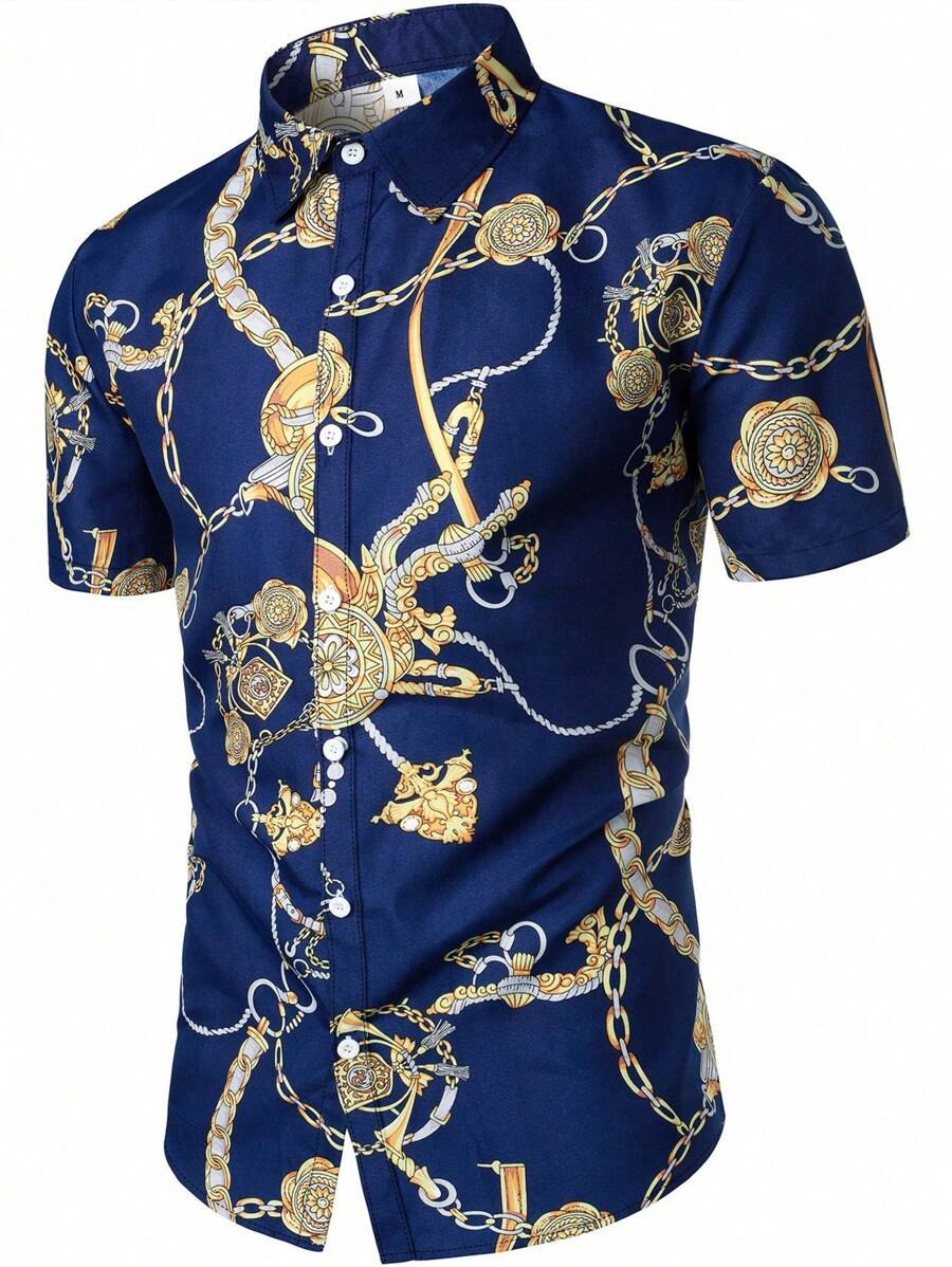 男士錬條圖案前排扣襯衫 - 藏蓝色 - 查看 1