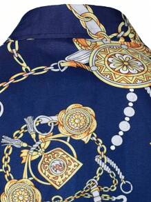 男士錬條圖案前排扣襯衫 - 藏蓝色 - 查看 4