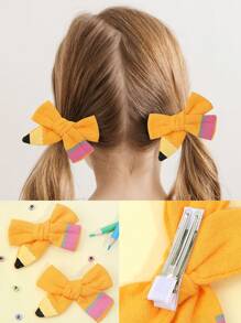 2pcs Girl Bow & Pencil Decor Alligator Hair Clip For Hair Decoration For Back To School