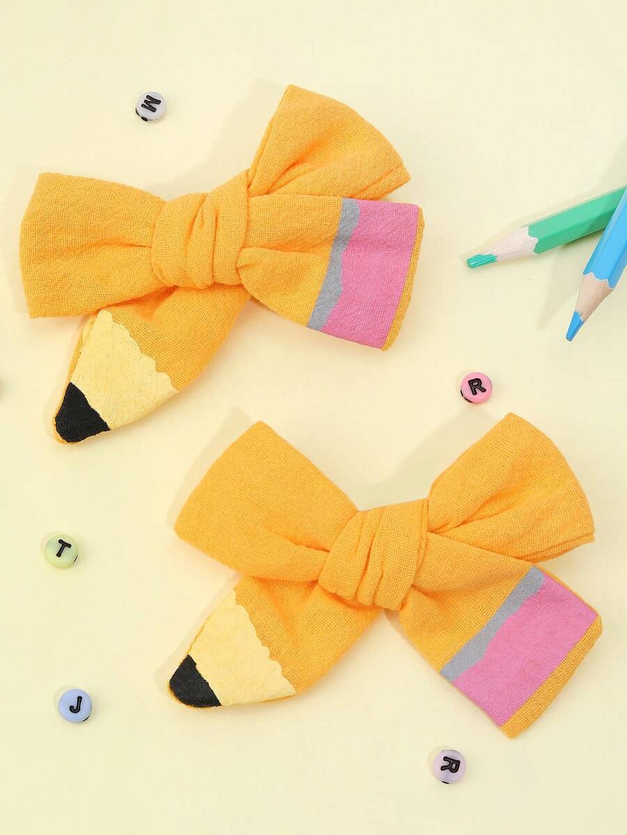 2pcs Girl Bow & Pencil Decor Alligator Hair Clip For Hair Decoration For Back To School