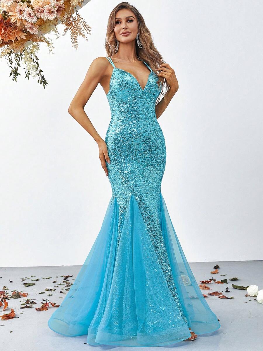 Contrast Sequin Mesh Hem Lace Up Backless Dress - Blue - View 1