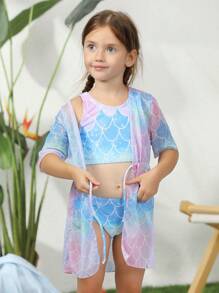 年轻女孩鱼鳞比基尼套装与和服夏日海滩 - 彩色 - 查看 5