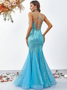 Contrast Sequin Mesh Hem Lace Up Backless Dress - Blue - View 2