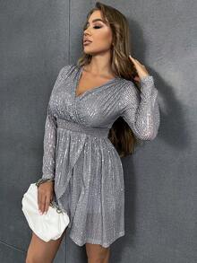 D&M Surplice Neck Wrap Hem Sequins Dress - Silver - View 6