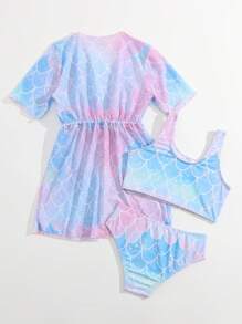 年轻女孩鱼鳞比基尼套装与和服夏日海滩 - 彩色 - 查看 2